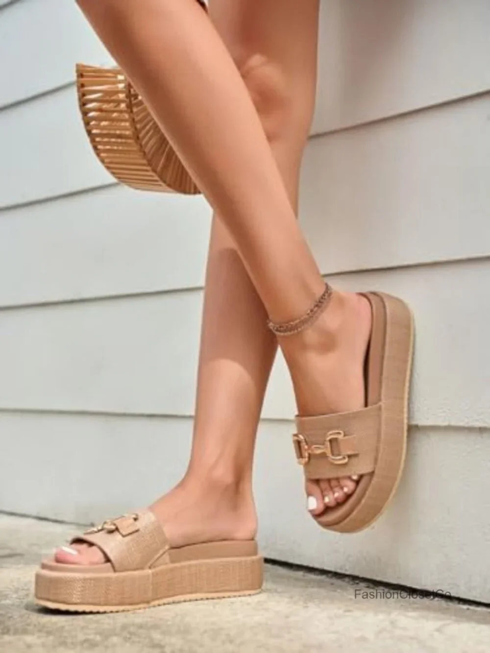 Raffia Platform Sandals with Metal Chain Espadrilles Slides